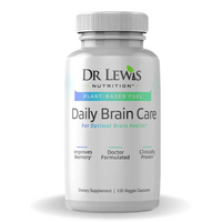 White Supplement Bottle with Dr Lewis Nutrition Logo containing 120 Capsules of Daily Brain Care Dietary Supplement For Optimal Brain Health Improve Memory Cognitive Function Immune Function Reduce Inflammation Improve Focus & Wellbeing