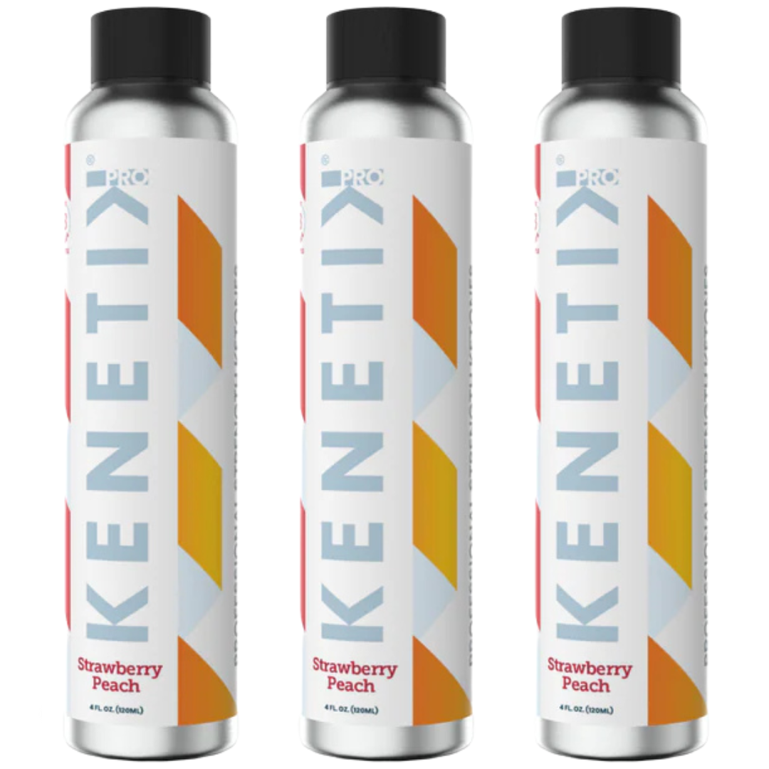 Silver Supplement Bottle with Kenetik Pro Label displaying Strawberry Peach flavoured advanced Ketone Formula Professional Grade Ketone Supplement 20g Ketones per Serving Immediate and Extended Energy Release Enhanced Cognitive Performance Accelerated Recovery Support Metabolic Health Optimization Healthy Aging Support Naturally formulated exclusively available through healthcare practitioners
