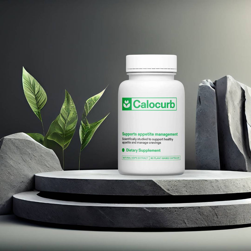 Calocurb Amarasate appetite control supplement lifestyle image with natural backdrop for weight management and craving support.