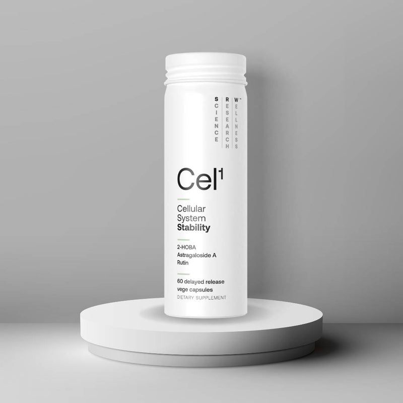SRW CEL1 Stability dietary supplement bottle for cellular health, DNA protection, and aging support with 2-HOBA, Astragaloside A, and Rutin