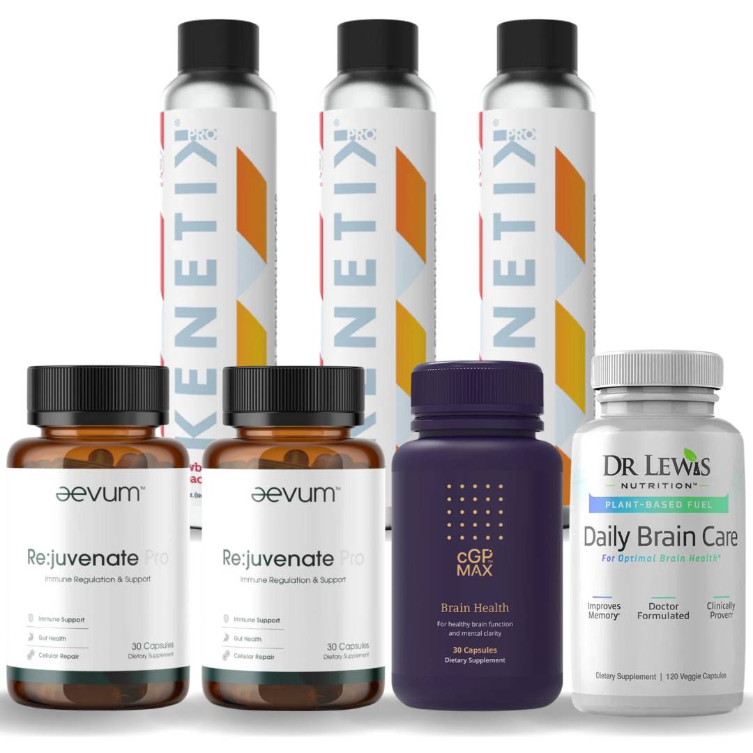 Ultimate Brain Health Bundle with Aevum Rejuvenate, Kinetik Pro, Dr Lewis Daily Brain Care, and CGPMax for cognitive support, focus, and brain health