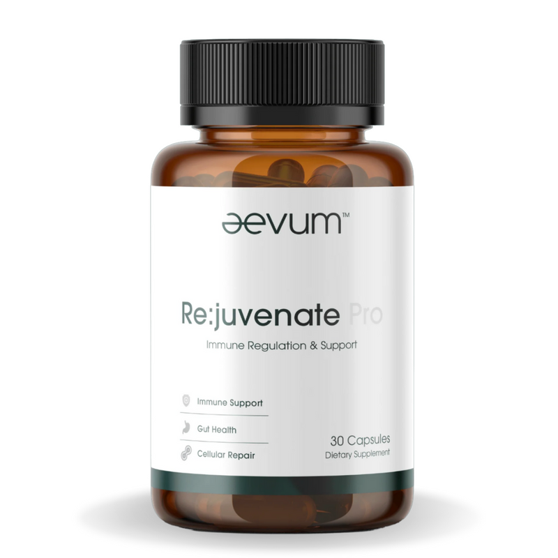 Brown Supplement Bottle with Aevum Logo containing 30 Capsules of Rejuvenate Pro Immune Regulation & Support Improve Gut Health & Cellular Repair The Foundation of Longevity