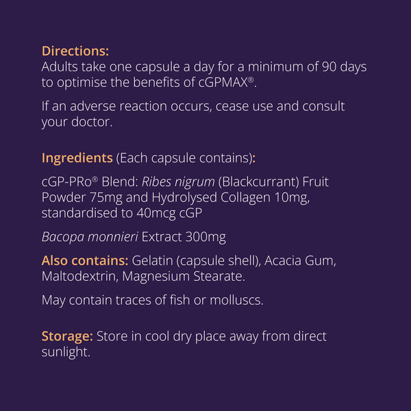 cGPMAX Brain Health Starter Pack - directions, ingredients label with cGP-PRo Blend, Bacopa monnieri, and storage info