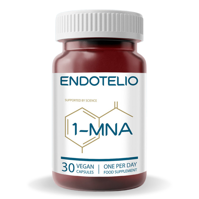 Brown Supplement Bottle with ​E​ndotelio Logo containing 30 Capsules of ​1​-MNA (1-methylnicotinamide chloride) ​Enhance Cellular ​Health Anti-Inflammatory Anti-Thrombotic Properties Supported by Science Optimize NAD levels