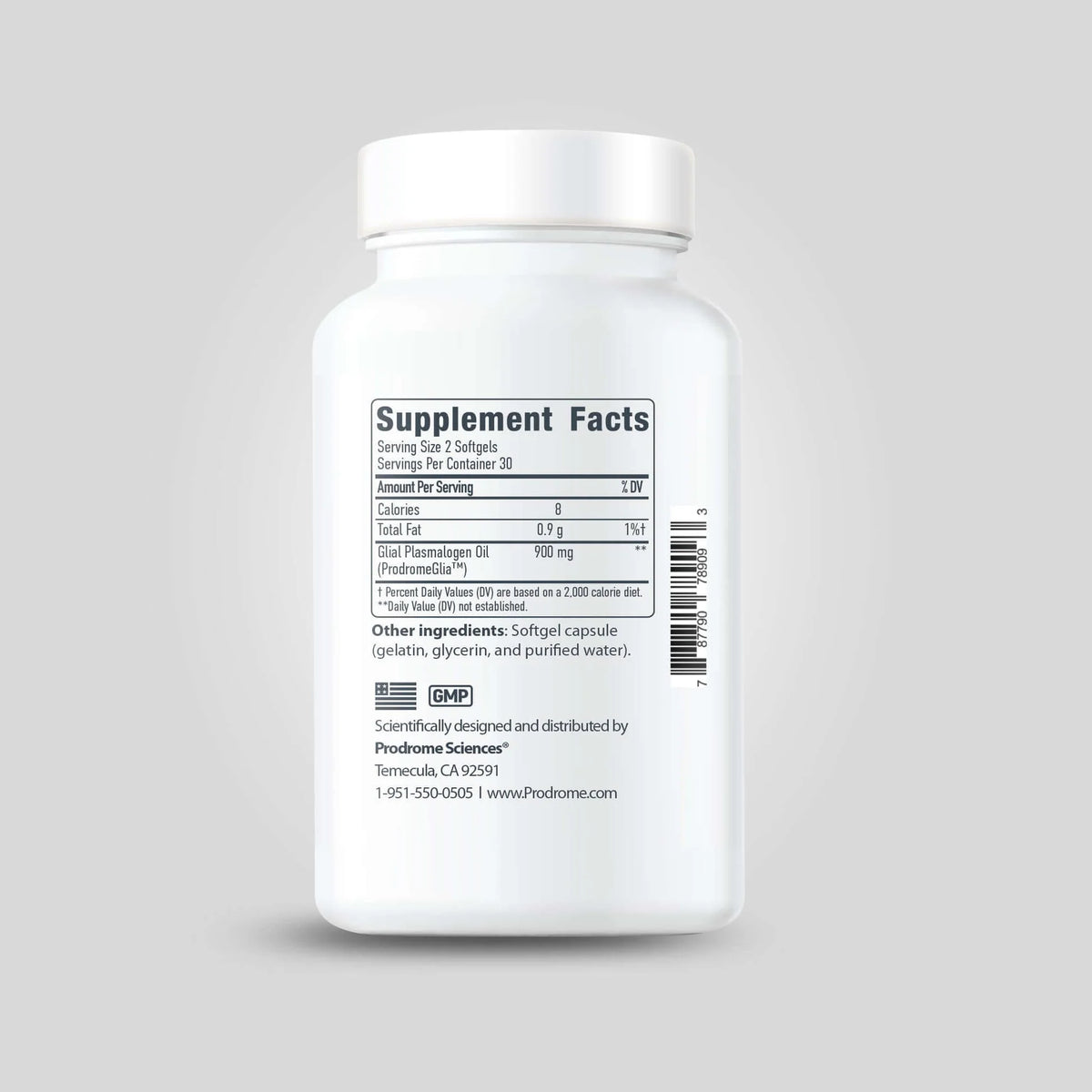 ProdromeGLIA softgels supplement facts label showing 900mg Glial Plasmalogen Oil per serving, 60 softgels
