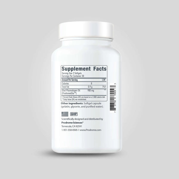 ProdromeGLIA softgels supplement facts label showing 900mg Glial Plasmalogen Oil per serving, 60 softgels