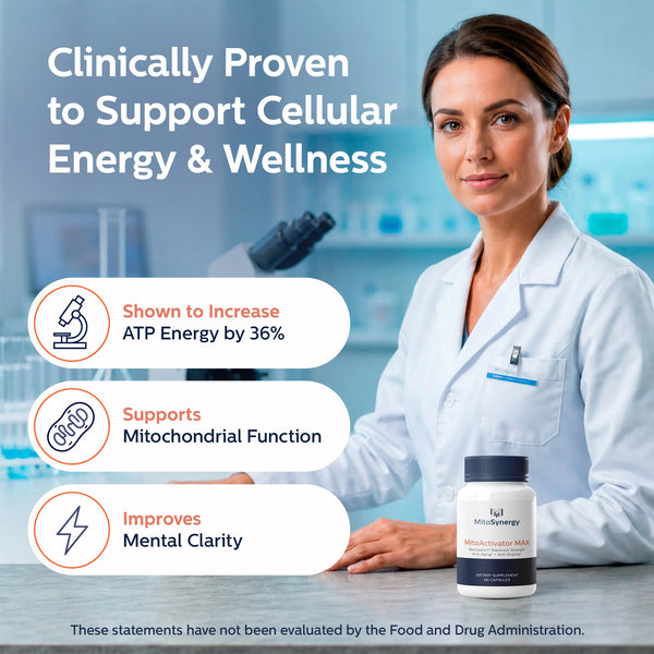 MitoActivator MAX BioCopper1 supplement bottle with scientist, supports ATP energy and mental clarity