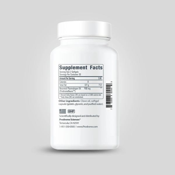 ProdromeNEURO 60 Softgels bottle with Supplement Facts label showing Neuronal Plasmalogen Oil 900mg