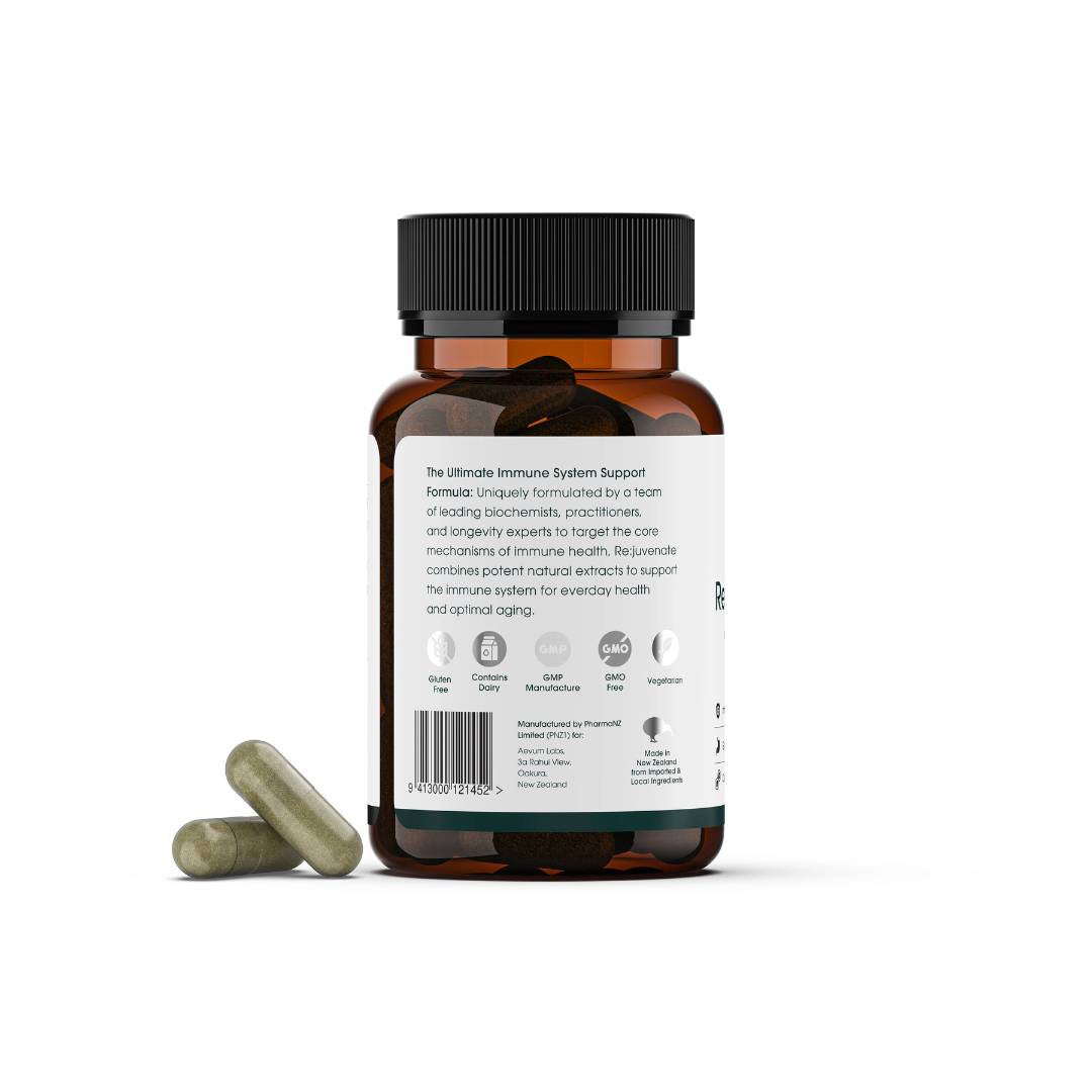 AEVUM Rejuvenate Pro supplement bottle back label with immune system support description and two green capsules