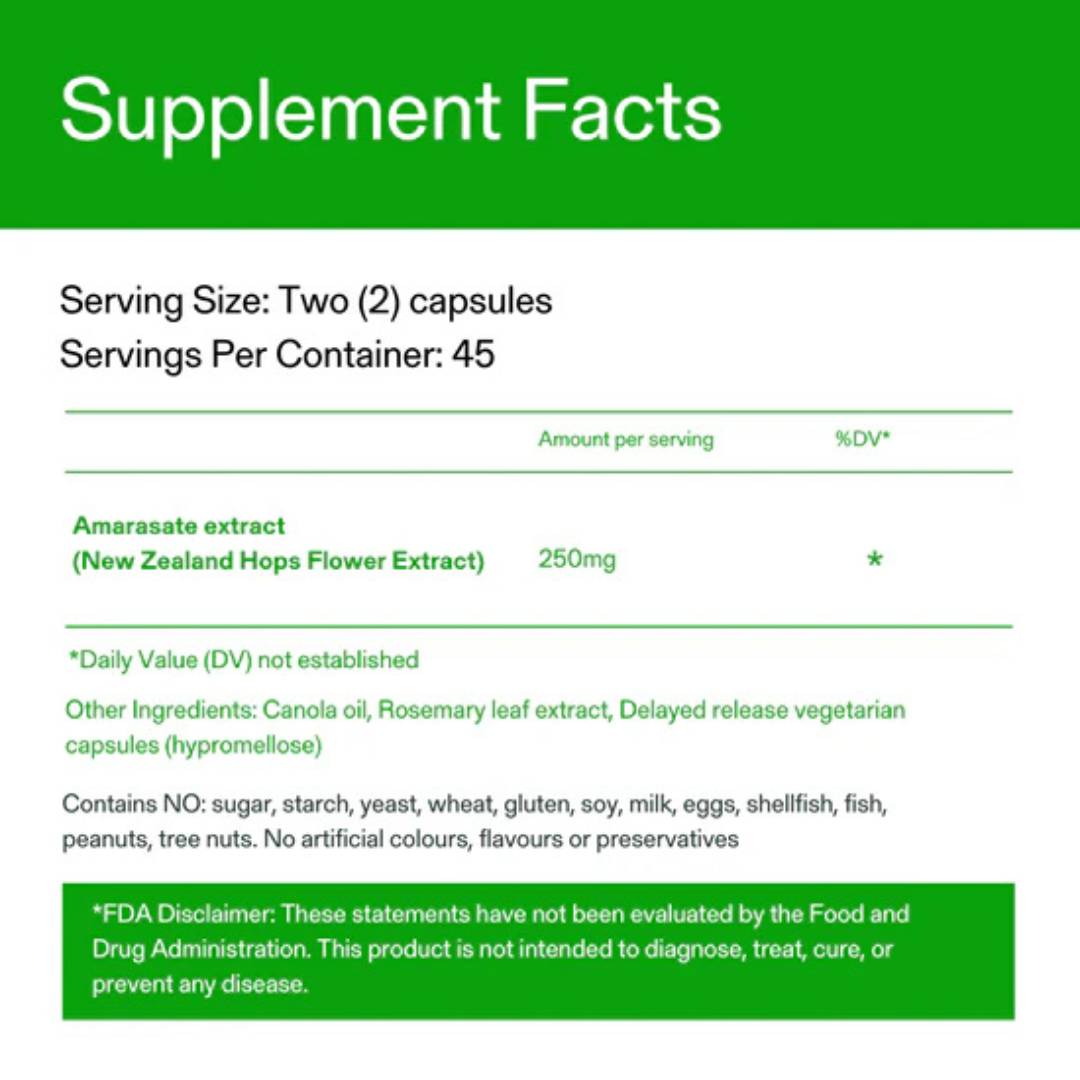 Supplement facts label for Calocurb Amarasate showing serving size, New Zealand hops flower extract content, other ingredients, and allergen-free formulation.