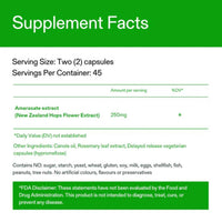 Supplement facts label for Calocurb Amarasate showing serving size, New Zealand hops flower extract content, other ingredients, and allergen-free formulation.