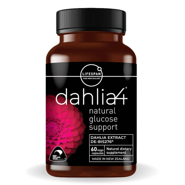 Dahlia4 Natural Glucose Support by Lifespan NZ for healthy metabolic wellness levels, insulin function, and metabolic balance