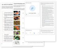 Three pages fanned from a myDNA Comprehensive Health Report: the health report introduction, the personalised DNA-based grocery list and the APOE status page
