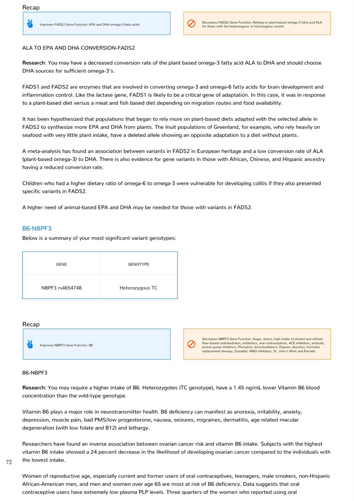 Sample page from the myDNA report's clinical research summary, showing the FADS2 and NBPF3 gene entries with genotype tables and the research behind each finding