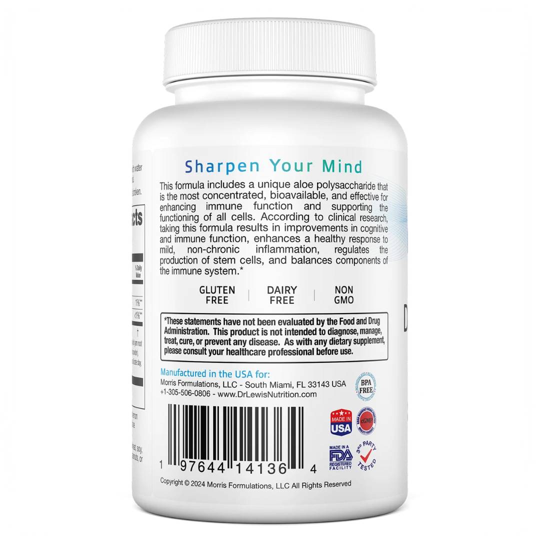 Back label of Dr. Lewis Daily Brain Care highlighting cognitive, immune, and cellular benefits with gluten-free, dairy-free, and non-GMO formula claims.