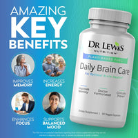 Promotional image for Dr. Lewis Daily Brain Care showing benefits like improved memory, energy, focus, and balanced mood for cognitive and mental support