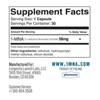 Supplement facts label of Endotelio 1-MNA showing dosage, ingredients, and manufacturer details