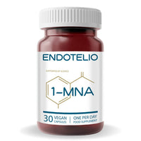 Endotelio 1-MNA supplement bottle supporting blood flow, energy, and longevity