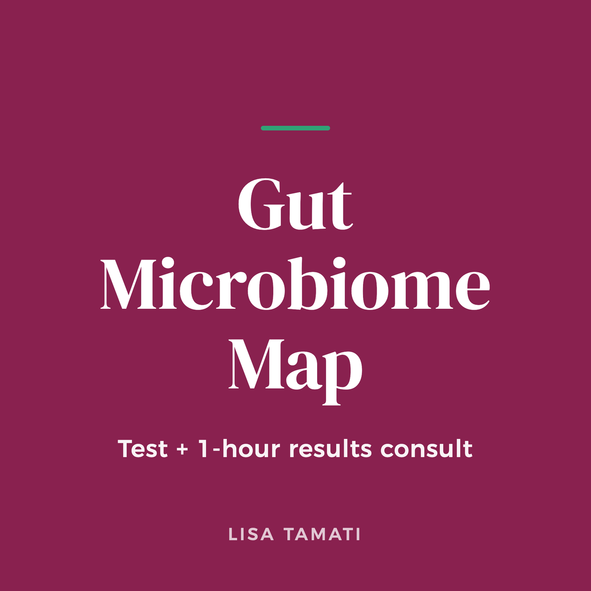 Square plum title card reading Gut Microbiome Map, Test + 1-hour results consult