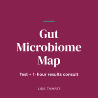 Square plum title card reading Gut Microbiome Map, Test + 1-hour results consult