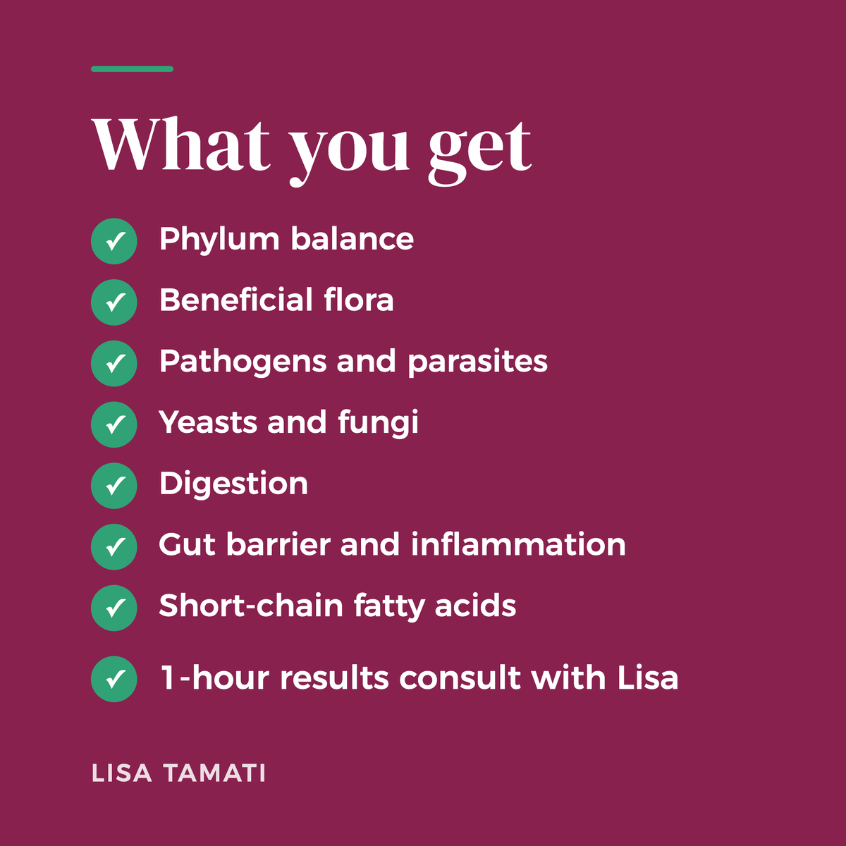 What you get with the Gut Microbiome Map: marker groups and a 1-hour results consult with Lisa