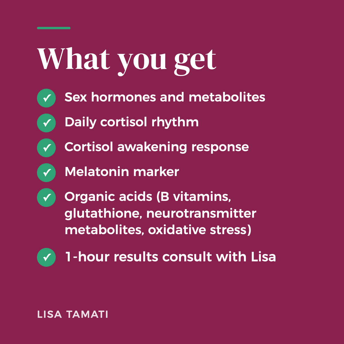 What you get with the Hormone & Stress Map: hormone and stress markers and a 1-hour results consult with Lisa