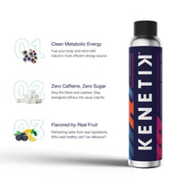 KenetikPro Strawberry Peach ketone energy drink bottle with benefits list, highlighting clean metabolic energy, zero caffeine and sugar, and real fruit flavor.