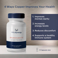 MitoSynergy MitoActivator EX bottle with copper supplement benefits including mental clarity, energy, discomfort relief, and immune support