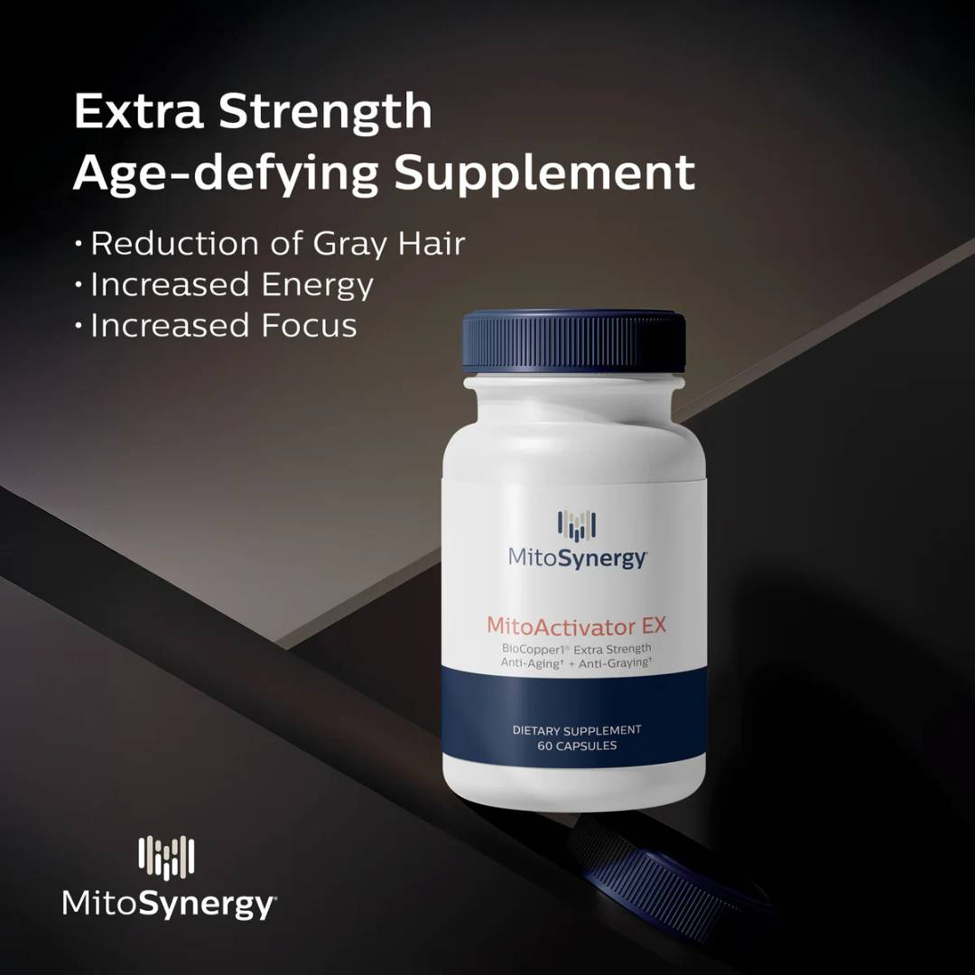 MitoSynergy MitoActivator EX supplement with BioCopper1 for gray hair reduction, increased energy, and mental focus