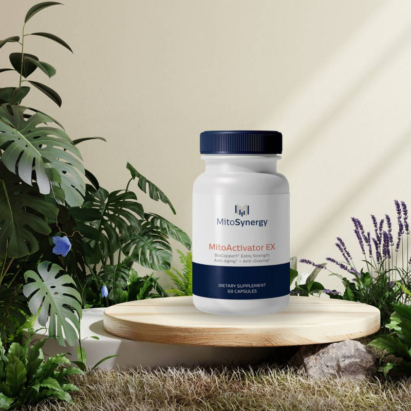 MitoSynergy MitoActivator EX bottle on natural display with plants, showcasing anti-aging and anti-graying supplement benefits