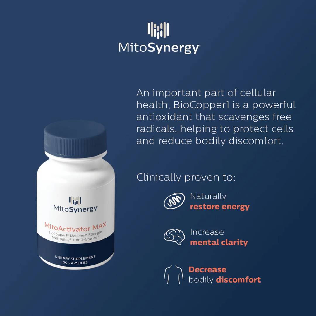 MitoSynergy MitoActivator MAX bottle with BioCopper1, supporting energy restoration, mental clarity, and reduced discomfort through antioxidant action