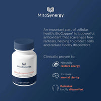 MitoSynergy MitoActivator MAX bottle with BioCopper1, supporting energy restoration, mental clarity, and reduced discomfort through antioxidant action