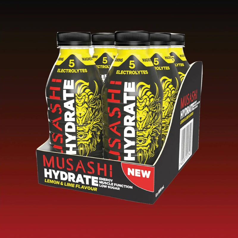 Musashi Hydrate 6 pack in lemon lime flavour, featuring 5 electrolytes for energy, muscle function, and hydration support.