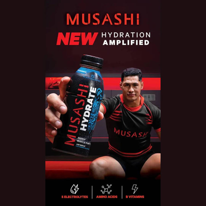 Athlete holding Musashi Hydrate drink featuring 5 electrolytes, amino acids, and B vitamins for amplified hydration and performance.