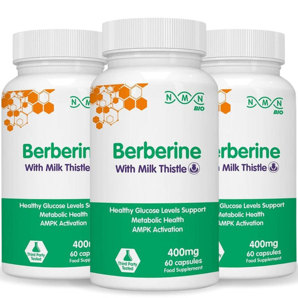 NMNBio Berberine 3-bottle bundle, 400mg with Milk Thistle, 60 capsules each for metabolic health and liver support
