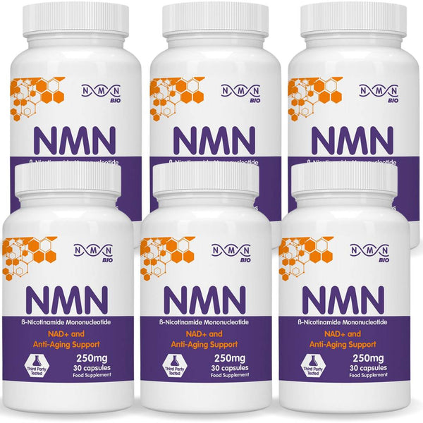 NMNBio NMN 6-bottle bundle, 250mg 30 capsules each for longevity, cellular energy, and NAD+ support