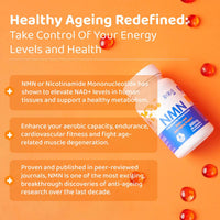 NMNBio NMN 500mg supplement shown with NAD+ boosting benefits, aerobic capacity support, and anti-aging research insights on orange background