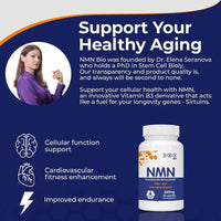 NMNBio NMN 500mg supplement overview with Dr. Elena Seranova, highlighting cellular support, cardiovascular fitness, and endurance benefits