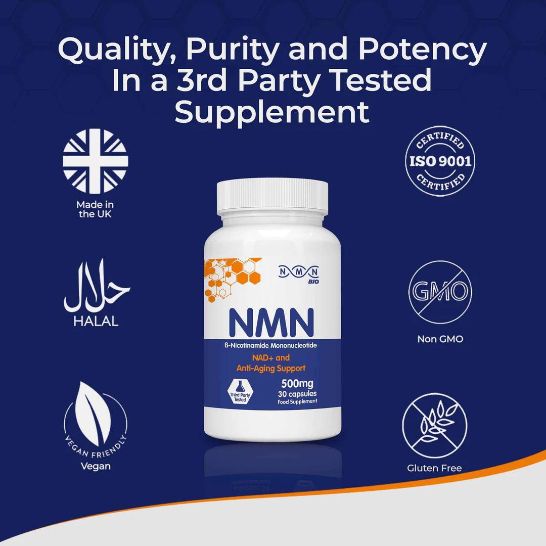 NMNBio NMN 500mg supplement bottle with third-party tested badge, showing certifications including Non-GMO, Halal, Vegan, Gluten Free, and Made in the UK