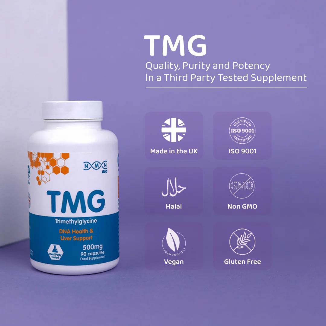 NMNBio TMG 500mg supplement bottle shown with quality certifications, vegan, halal, non-GMO, and gluten-free claims