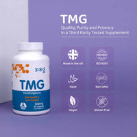 NMNBio TMG 500mg supplement bottle shown with quality certifications, vegan, halal, non-GMO, and gluten-free claims