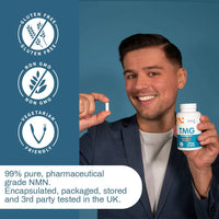 Man holding NMNBio TMG supplement capsule, highlighting non-GMO, vegetarian, gluten-free, and UK third-party tested benefits