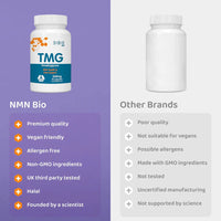 NMNBio TMG supplement compared to generic brands—vegan, allergen-free, non-GMO, and UK-tested