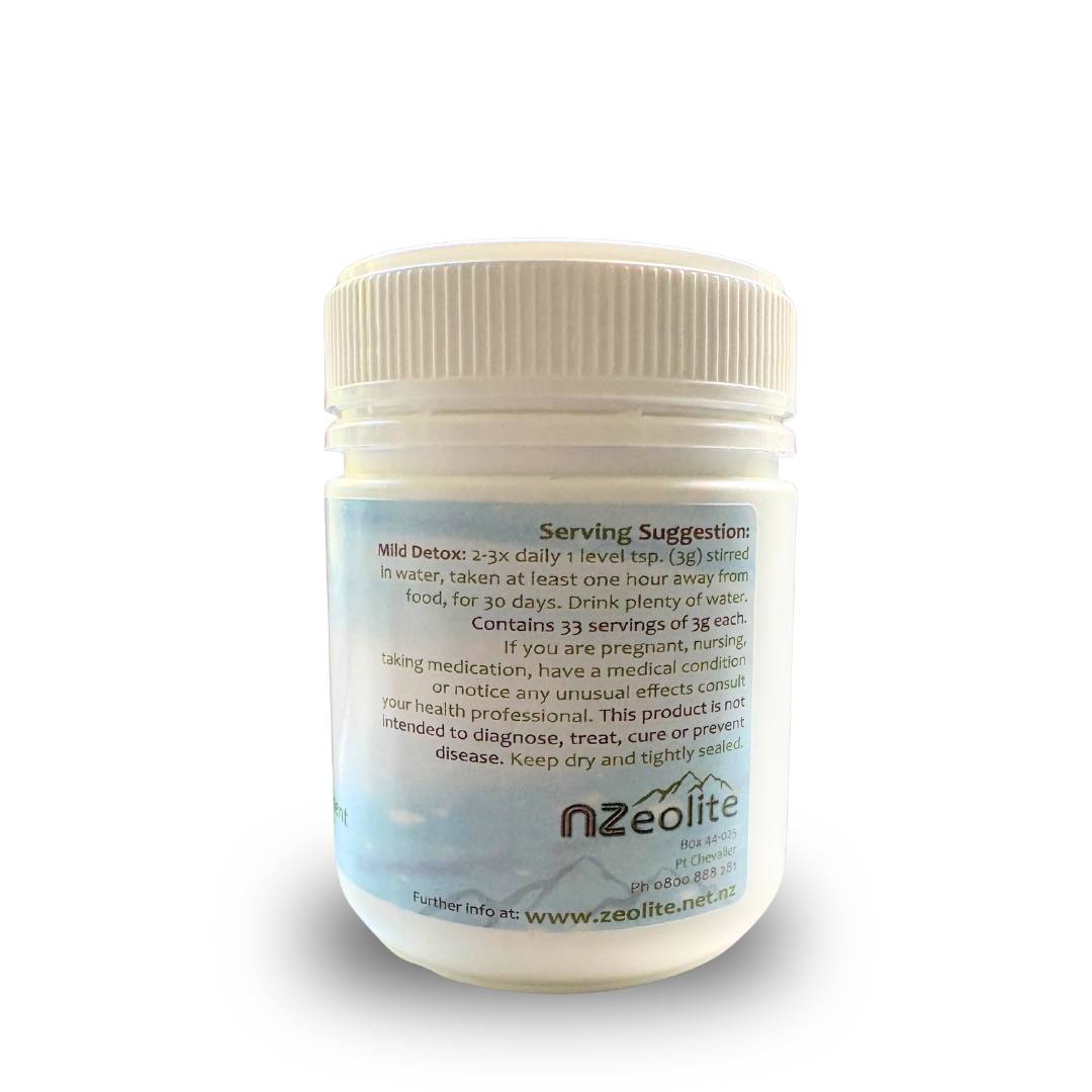 Serving suggestion for NZeolite powder – 1 tsp in water, 2–3 times daily for detox