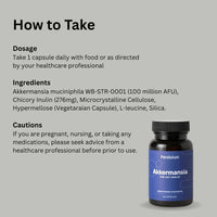 Pendulum Akkermansia probiotic supplement bottle with dosage instructions, ingredient list, and usage cautions for gut health support.