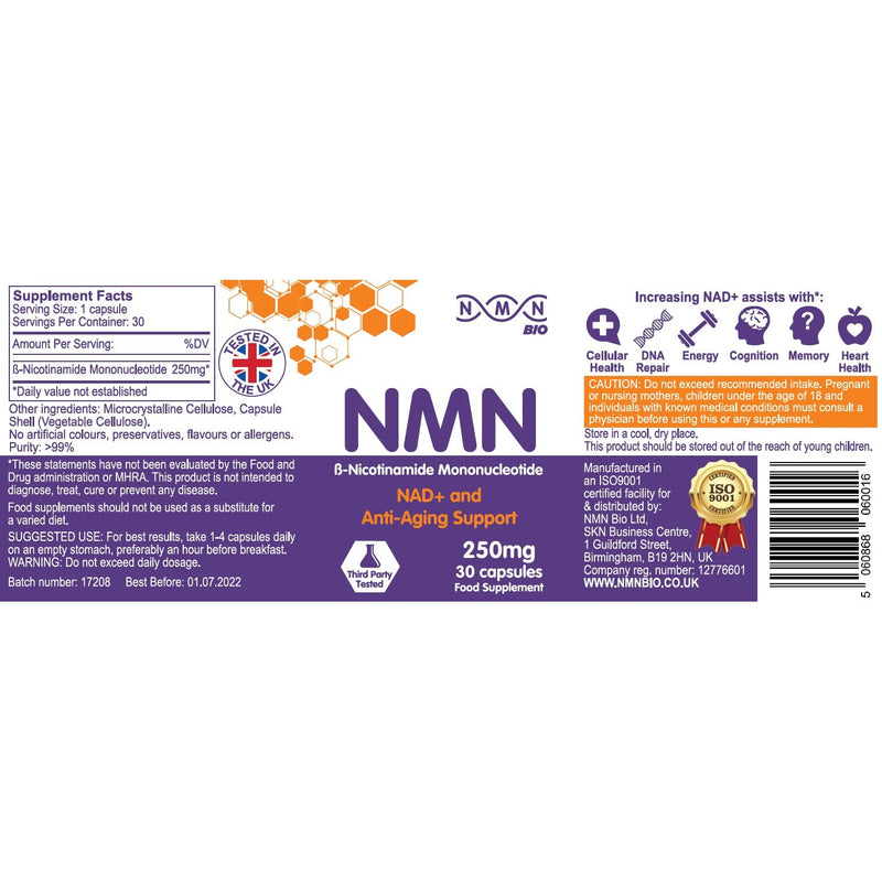 3  Bottles | NMN (beta Nicotinamide Mononucleotide) 250mg Capsules | 30 Capsules