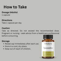 How to take Matakana Spermidine supplement with dosage instructions, caution, and storage guidelines shown next to product bottle.