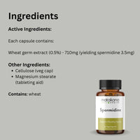 Ingredients list for Matakana Spermidine supplement showing wheat germ extract, cellulose, and magnesium stearate in vege capsules