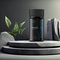 STEMREGEN Release supplement bottle displayed on a modern stone platform with greenery, promoting stem cell support and healthy aging