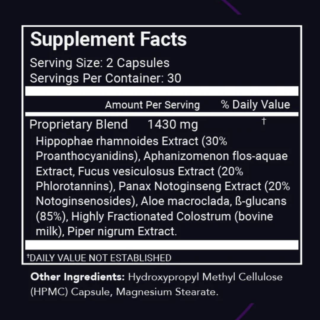 Supplement facts for STEMREGEN Release showing proprietary blend ingredients including sea buckthorn, AFA, ginseng, colostrum, and aloe